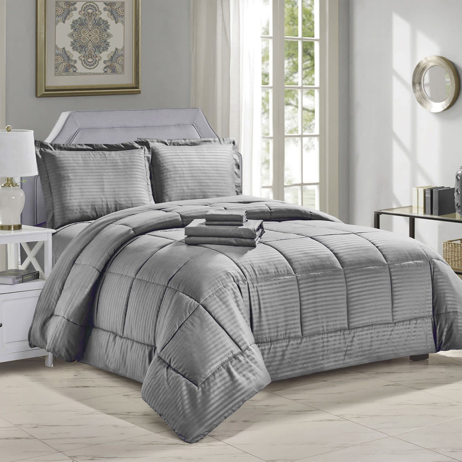 Luxury Home 8-Piece Down Alternative Dobby Stripes Embossed Comforter Set with Sheets and Pillowcases