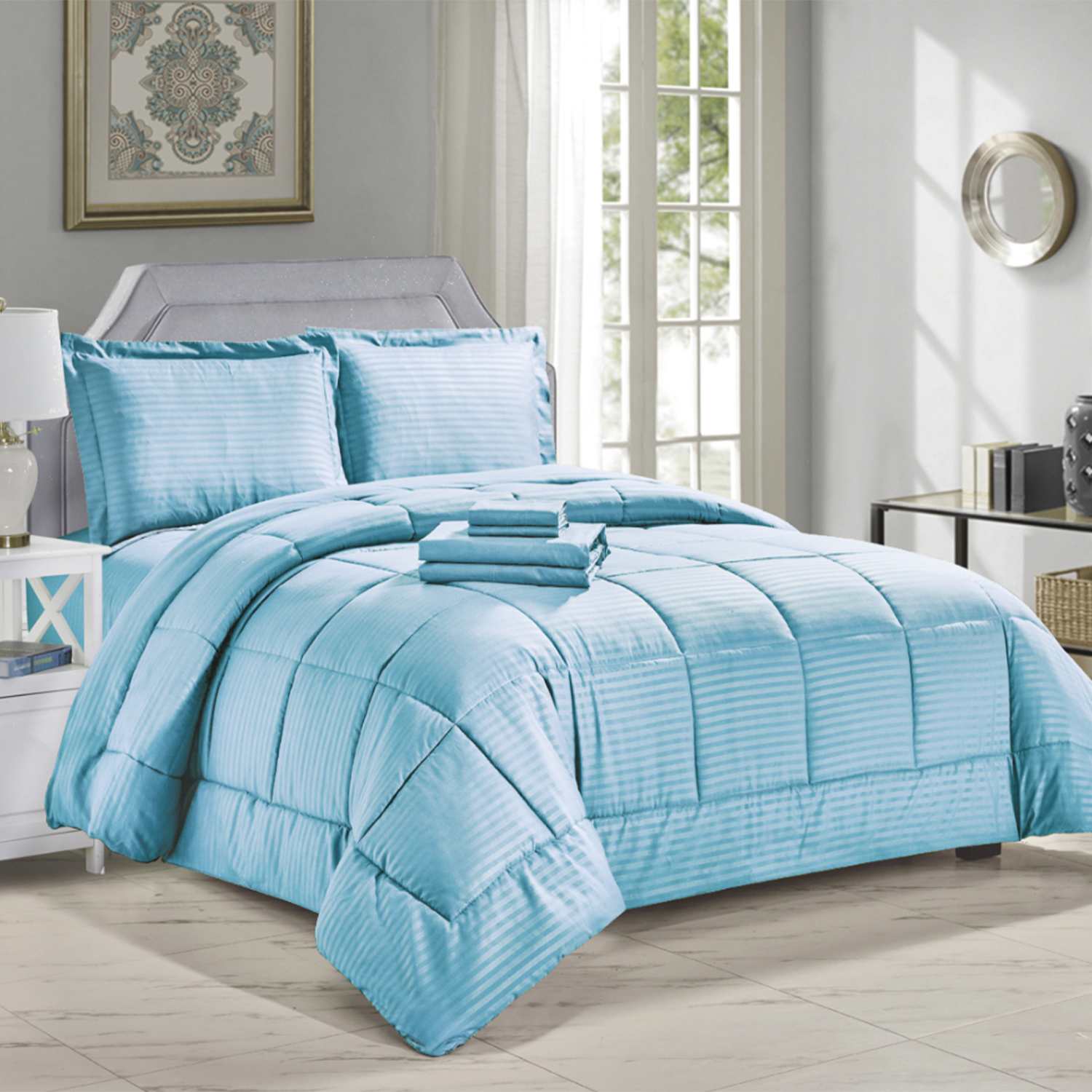 Luxury Home 8-Piece Down Alternative Dobby Stripes Embossed Comforter Set with Sheets and Pillowcases - Image 2