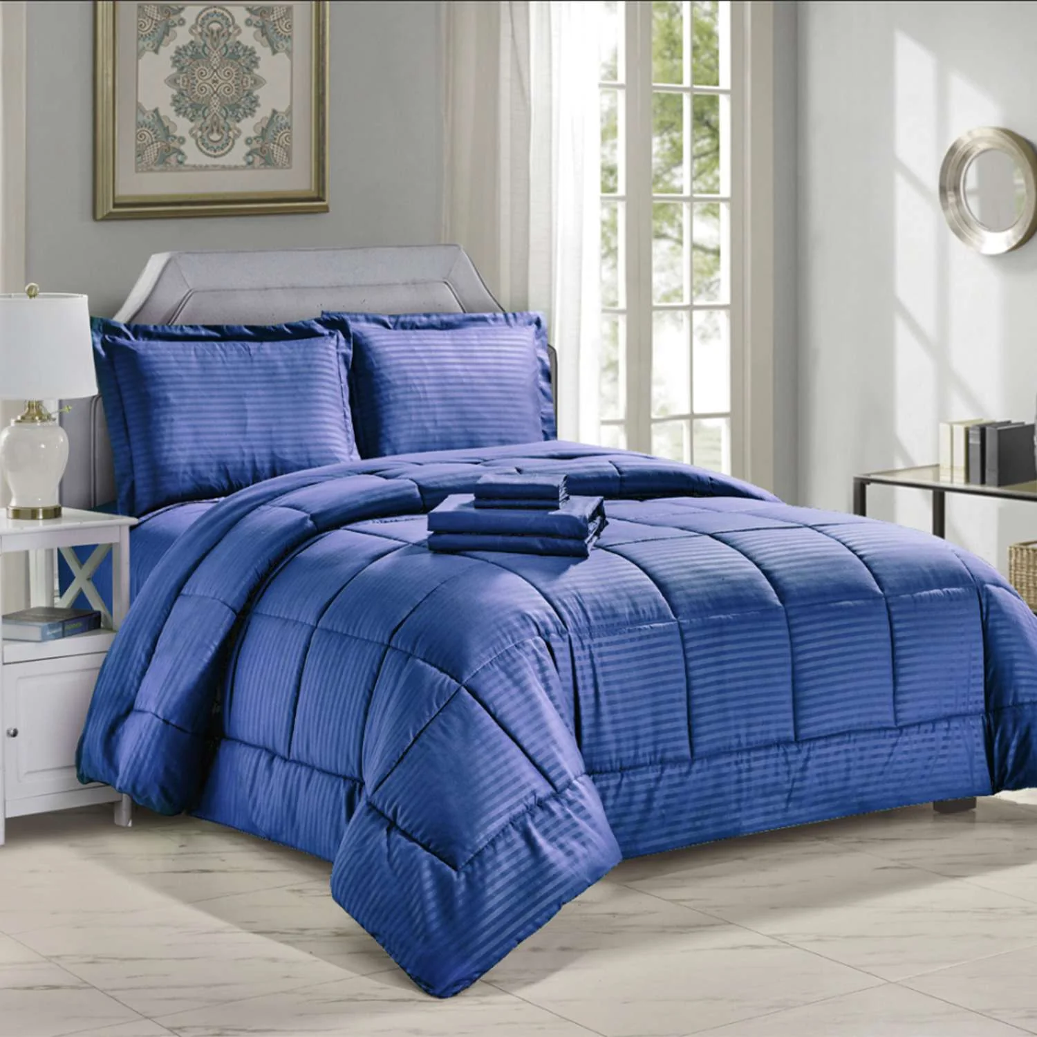 Luxury Home 8-Piece Down Alternative Dobby Stripes Embossed Comforter Set with Sheets and Pillowcases - Image 3