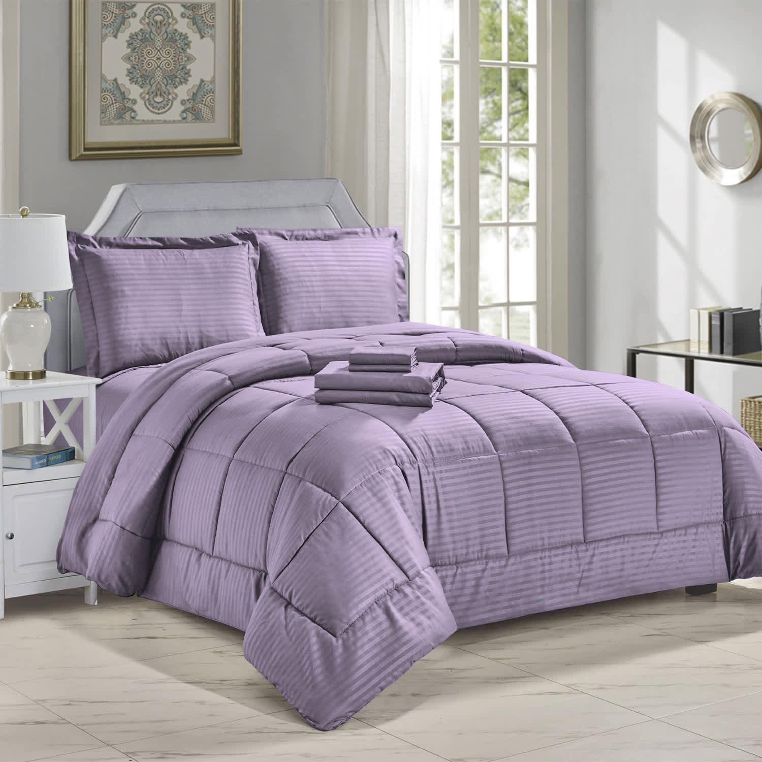 Luxury Home 8-Piece Down Alternative Dobby Stripes Embossed Comforter Set with Sheets and Pillowcases - Image 5