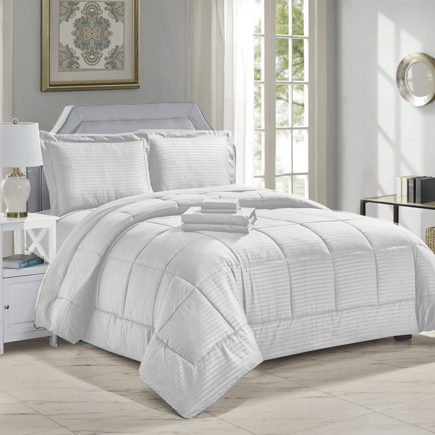 Luxury Home 8-Piece Down Alternative Dobby Stripes Embossed Comforter Set with Sheets and Pillowcases - Image 6