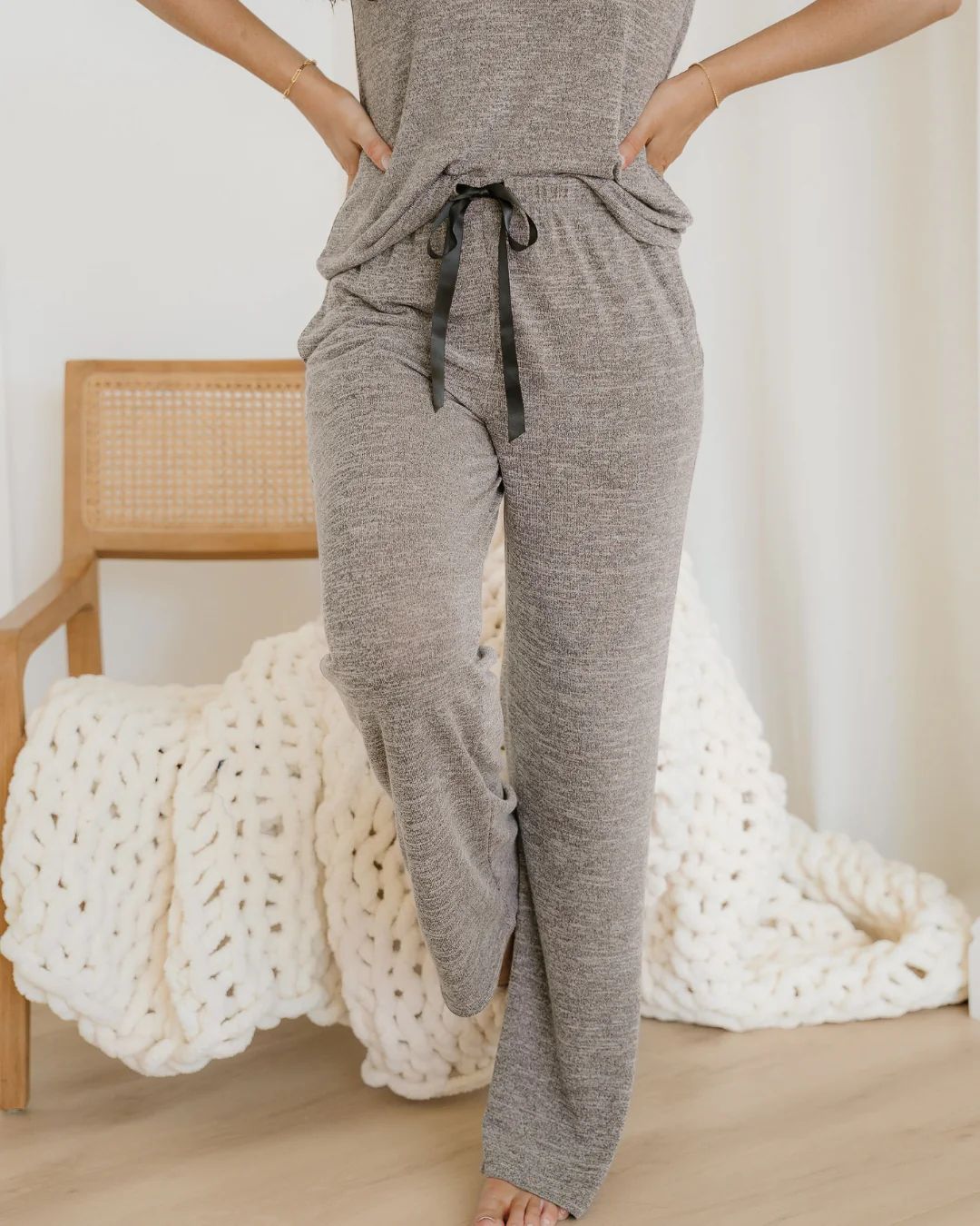Maggie 3pcs V Neck T Shirt Ribbon Knot Pants Open Duster 3pcs Lounge Set - Gray - Image 7