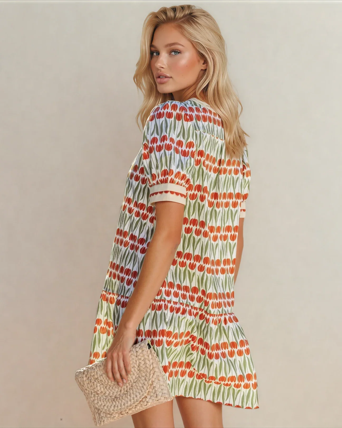Malia Tulip Floral Print Cotton Puff Short Sleeve Mini Dress - Image 3