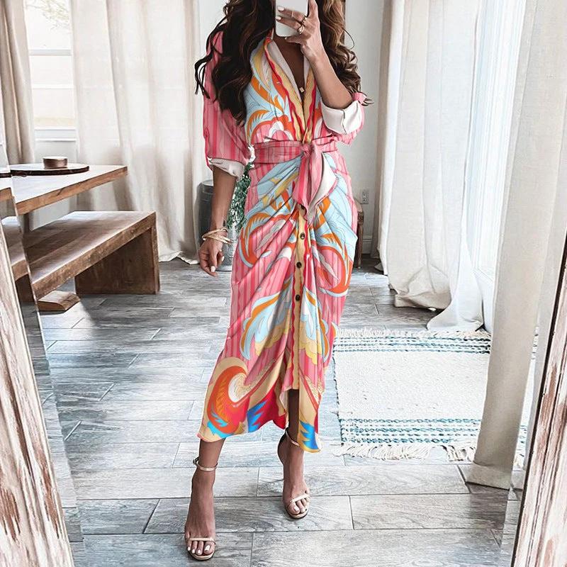 Mandotos European And American Print Long Sleeve Laceup Button Front Shirt Dress - Image 2