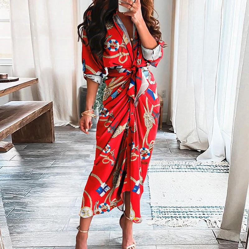 Mandotos European And American Print Long Sleeve Laceup Button Front Shirt Dress - Image 3