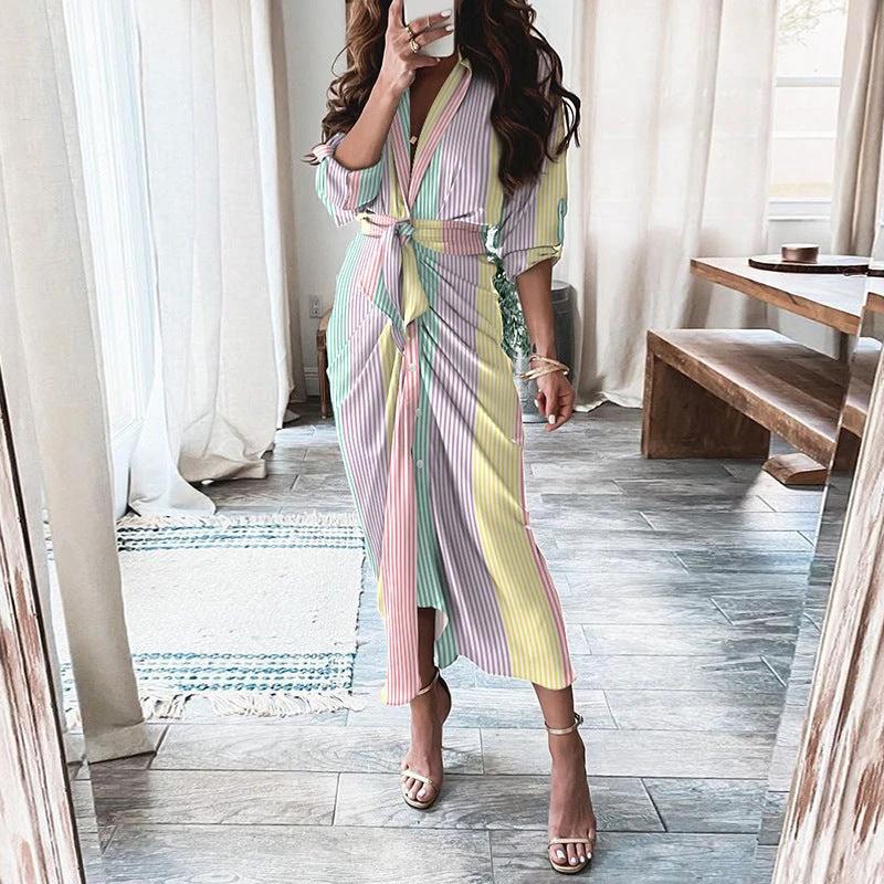 Mandotos European And American Print Long Sleeve Laceup Button Front Shirt Dress - Image 8