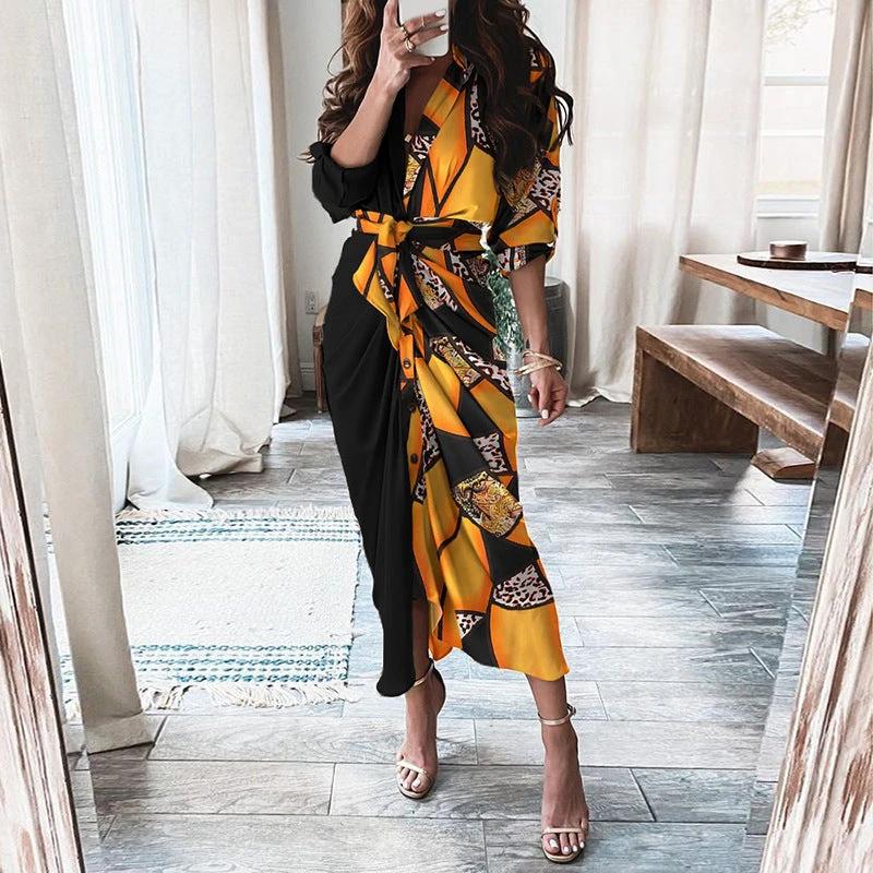 Mandotos European And American Print Long Sleeve Laceup Button Front Shirt Dress - Image 9