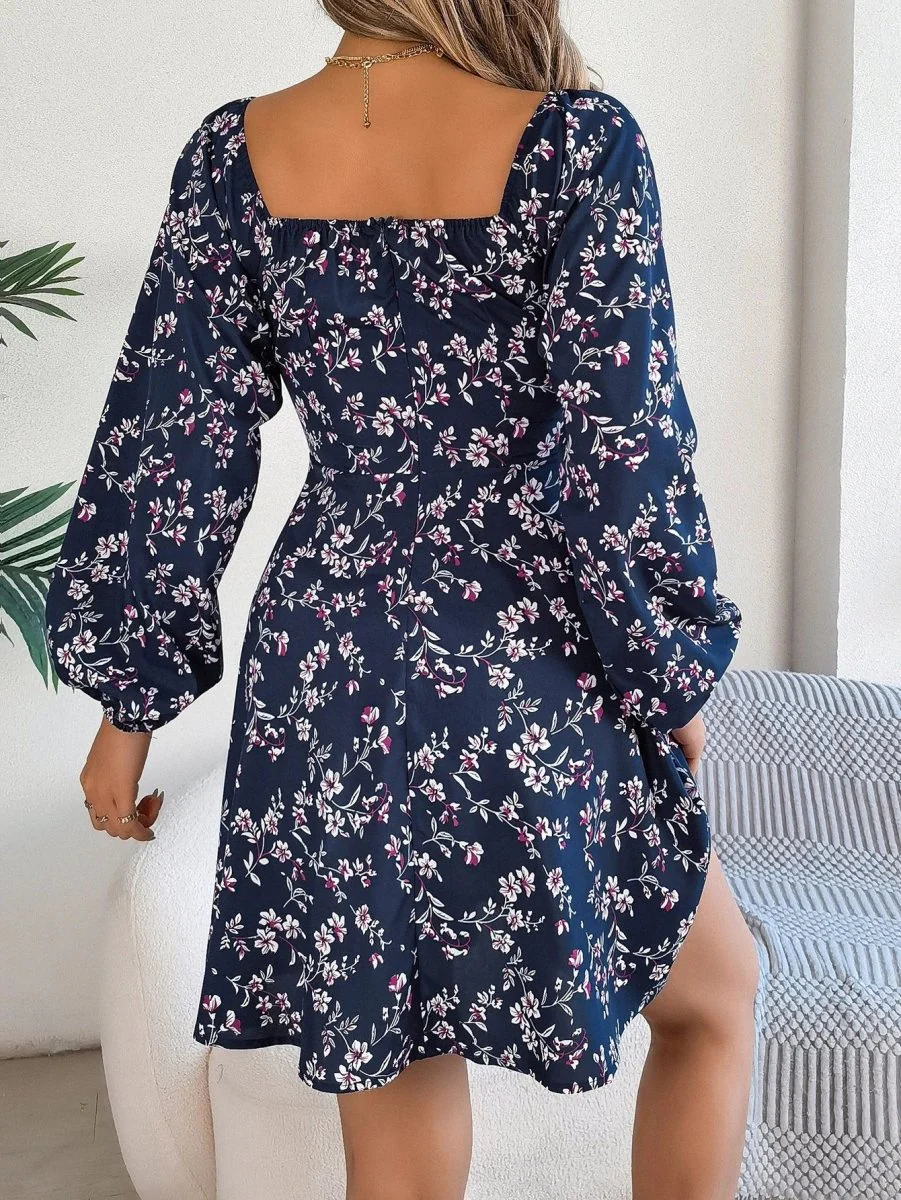 Mandotos Floral Print Lantern Sleeve Dress Red Tie Square Neck A Line Long Sleeve - Image 3