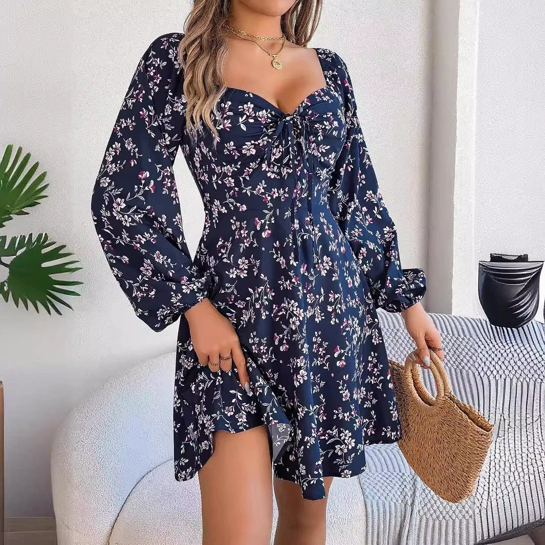 Mandotos Floral Print Lantern Sleeve Dress Red Tie Square Neck A Line Long Sleeve - Image 6
