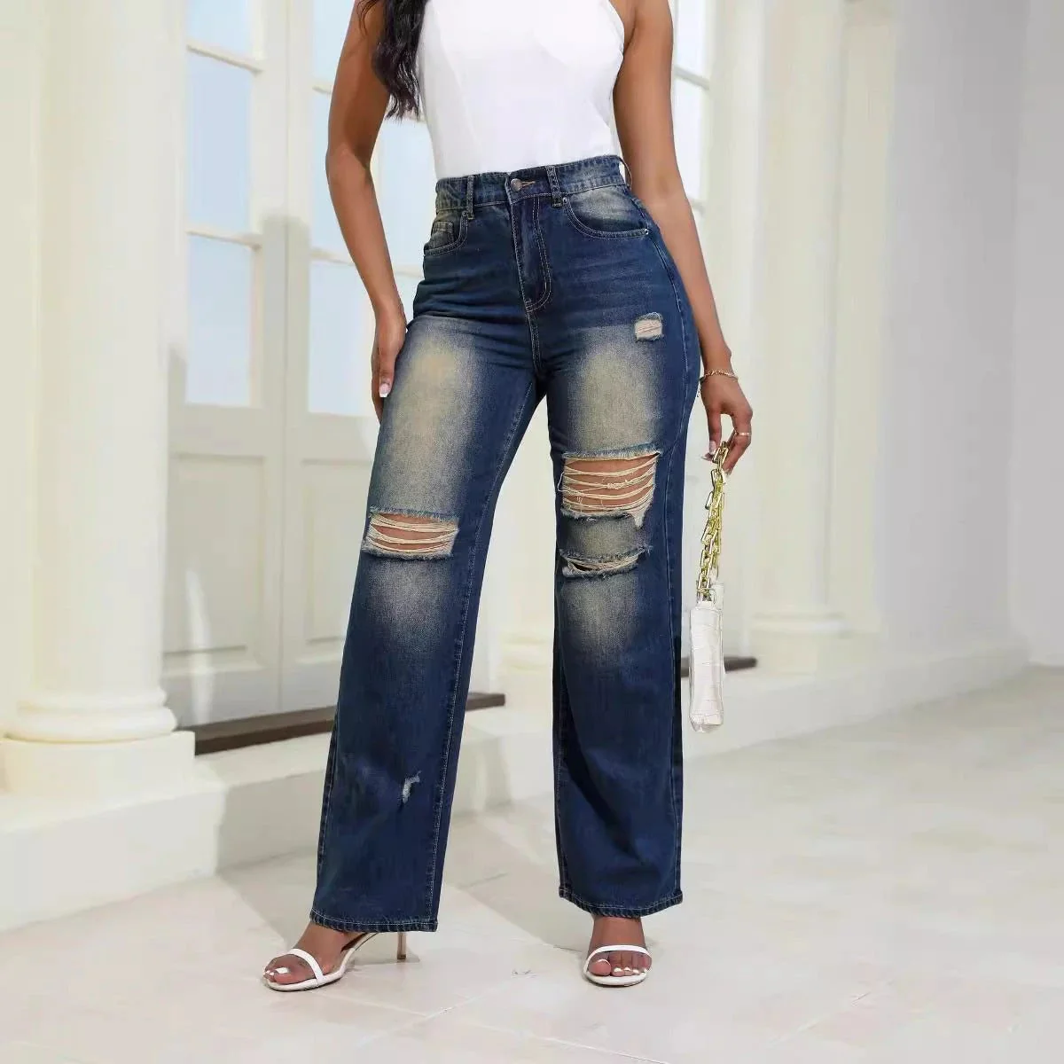 Mandotos High Waist Ripped Jeans With Pockets Wide Leg Straight Fit Womens Denim Pants - Image 3