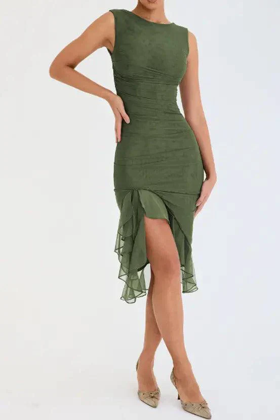 Mandotos Olive Green Ruffled Midi Dress With Ruched Bodice And Tiered Hem For Summer - Image 22