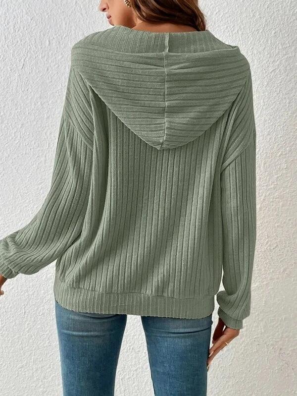 Mandotos Womens Knit Hoodie Sweatshirt With Pockets Drawstring Long Sleeve Solid Sunken Stripe Knitwear - Image 5