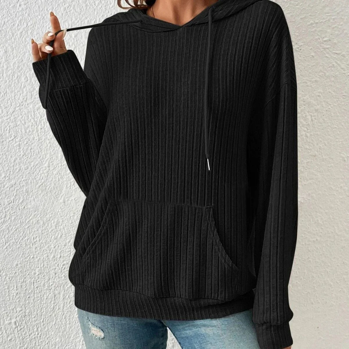 Mandotos Womens Knit Hoodie Sweatshirt With Pockets Drawstring Long Sleeve Solid Sunken Stripe Knitwear - Image 7
