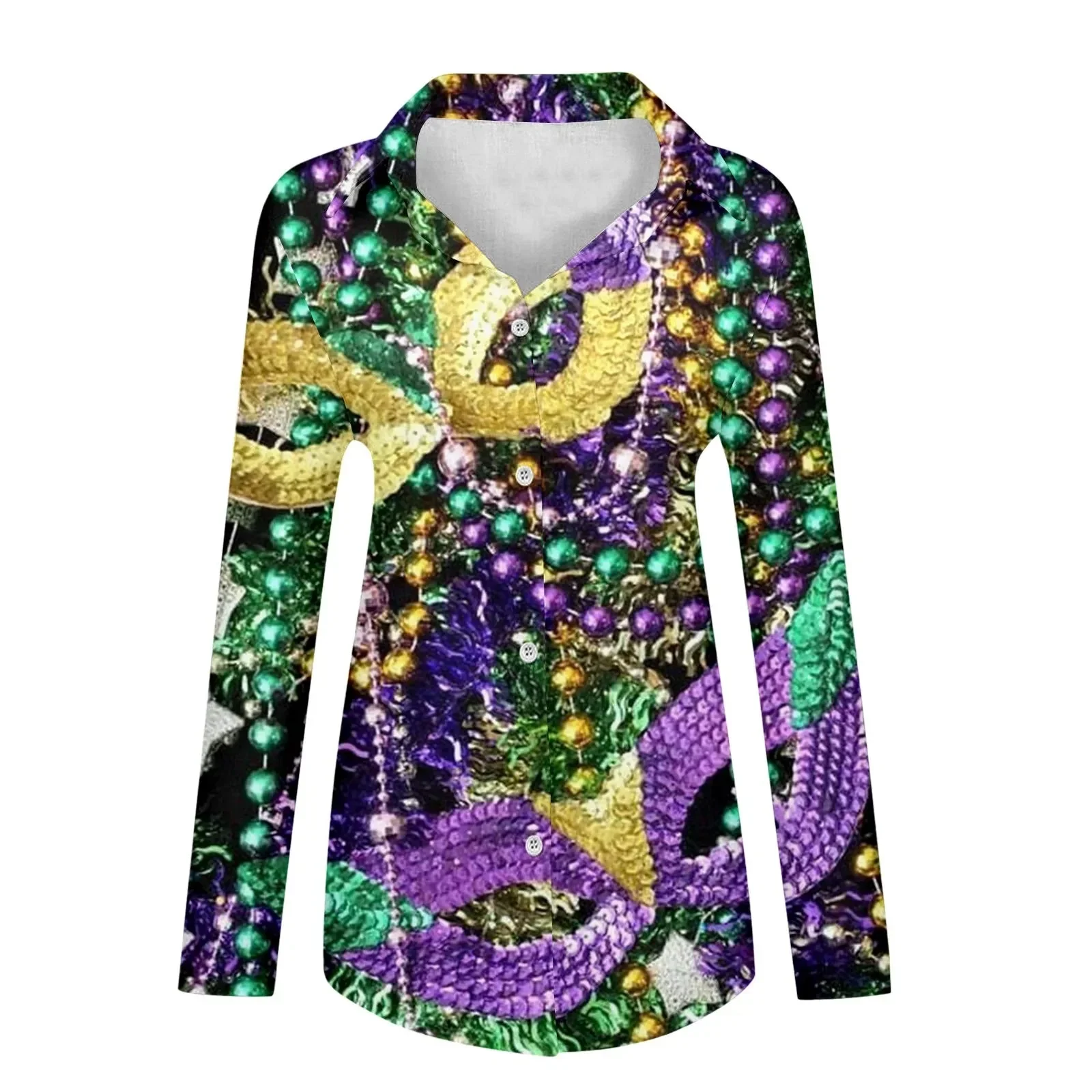 🎭 Mardi Gras Women's V-Neck Long Sleeve Carnival Print Shirt - Image 2