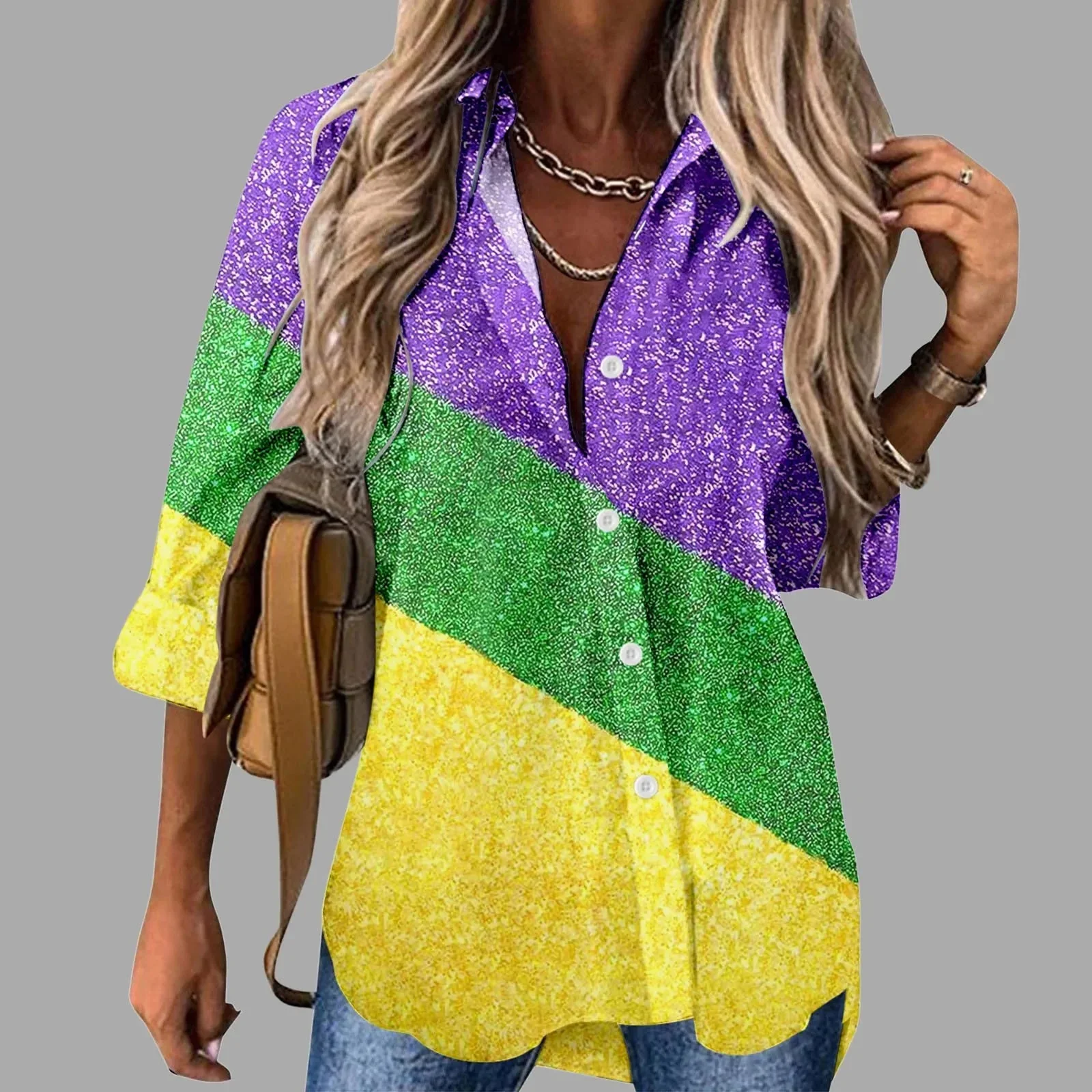 🎭 Mardi Gras Women's V-Neck Long Sleeve Carnival Print Shirt - Image 4