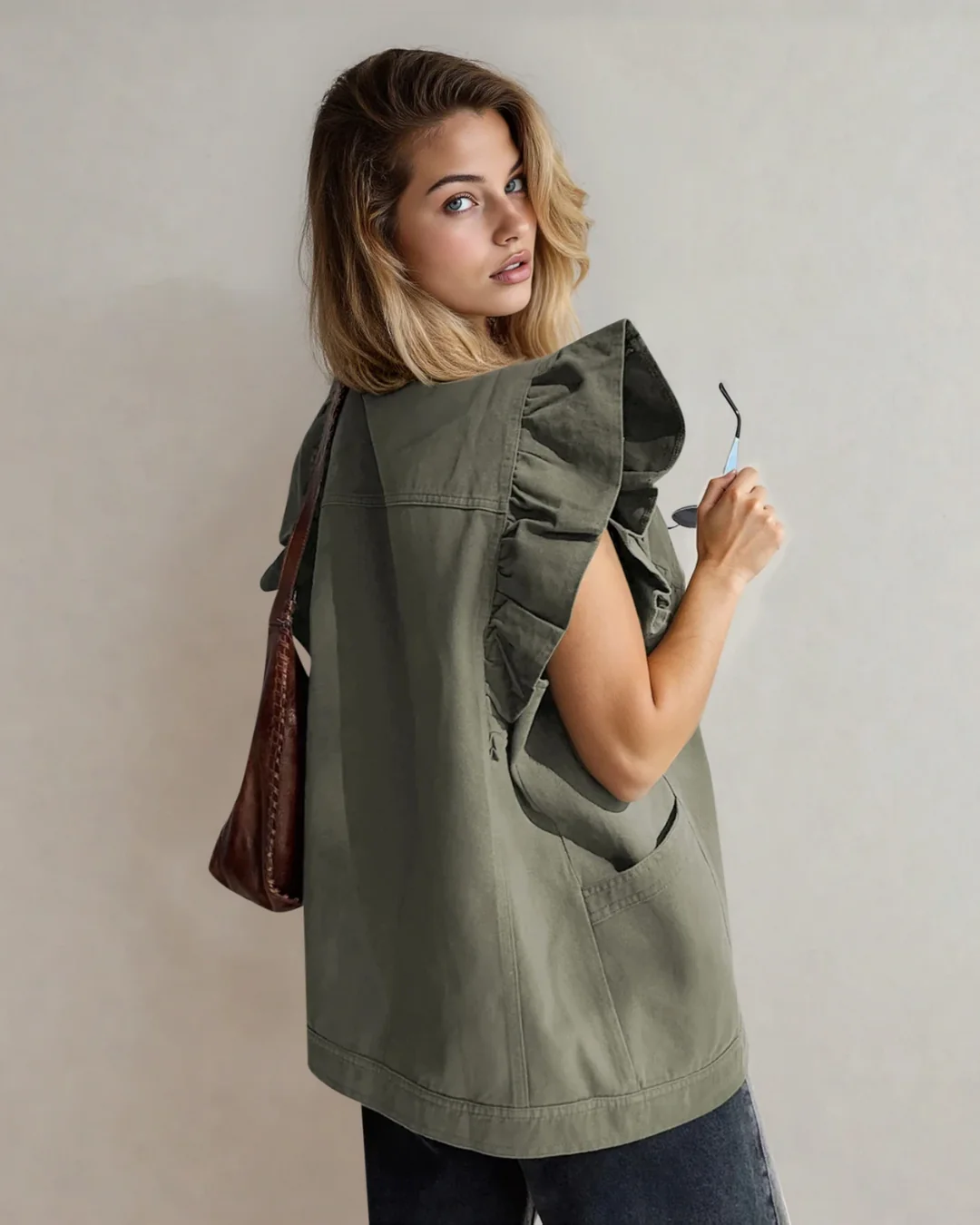 Margot Ruffle Plain Denim Jacket Vest - Green - Image 5
