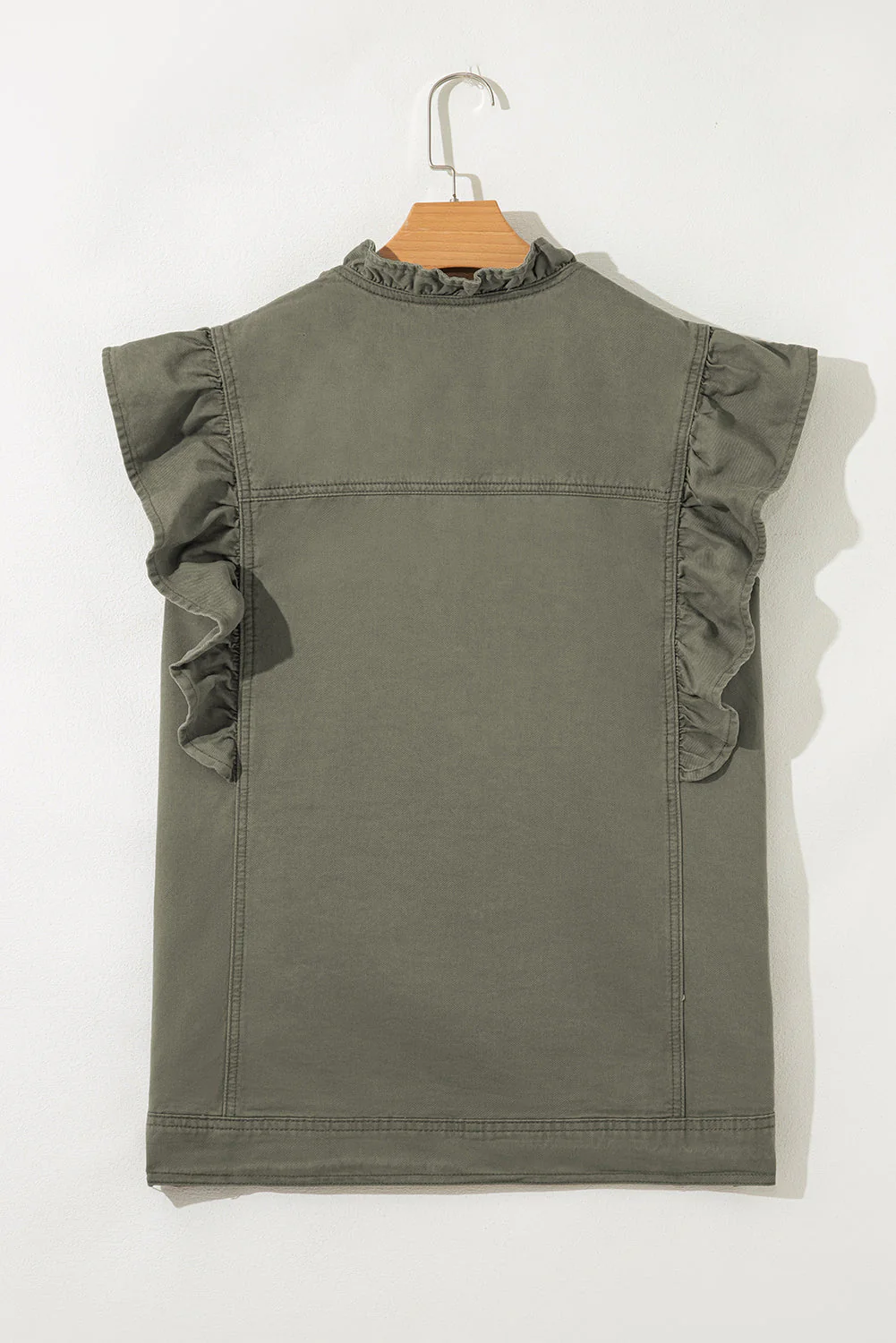 Margot Ruffle Plain Denim Jacket Vest - Green - Image 7