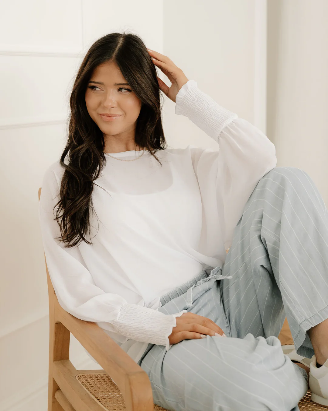 Marley Smocked Cuffs Semi Sheer Long Sleeve Dolman Blouse - Image 4