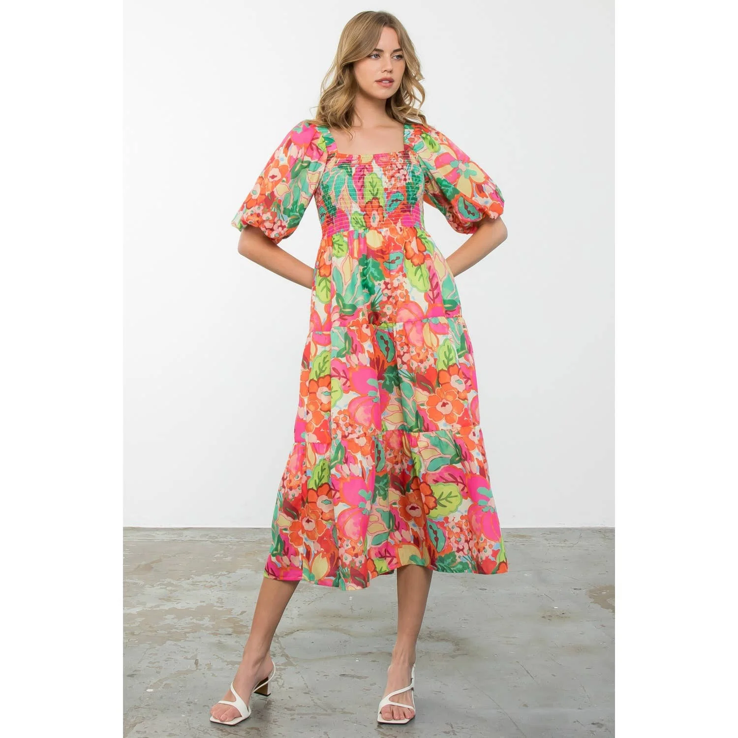 Massey - Puff Sleeve Floral Print Midi Dress - Image 2