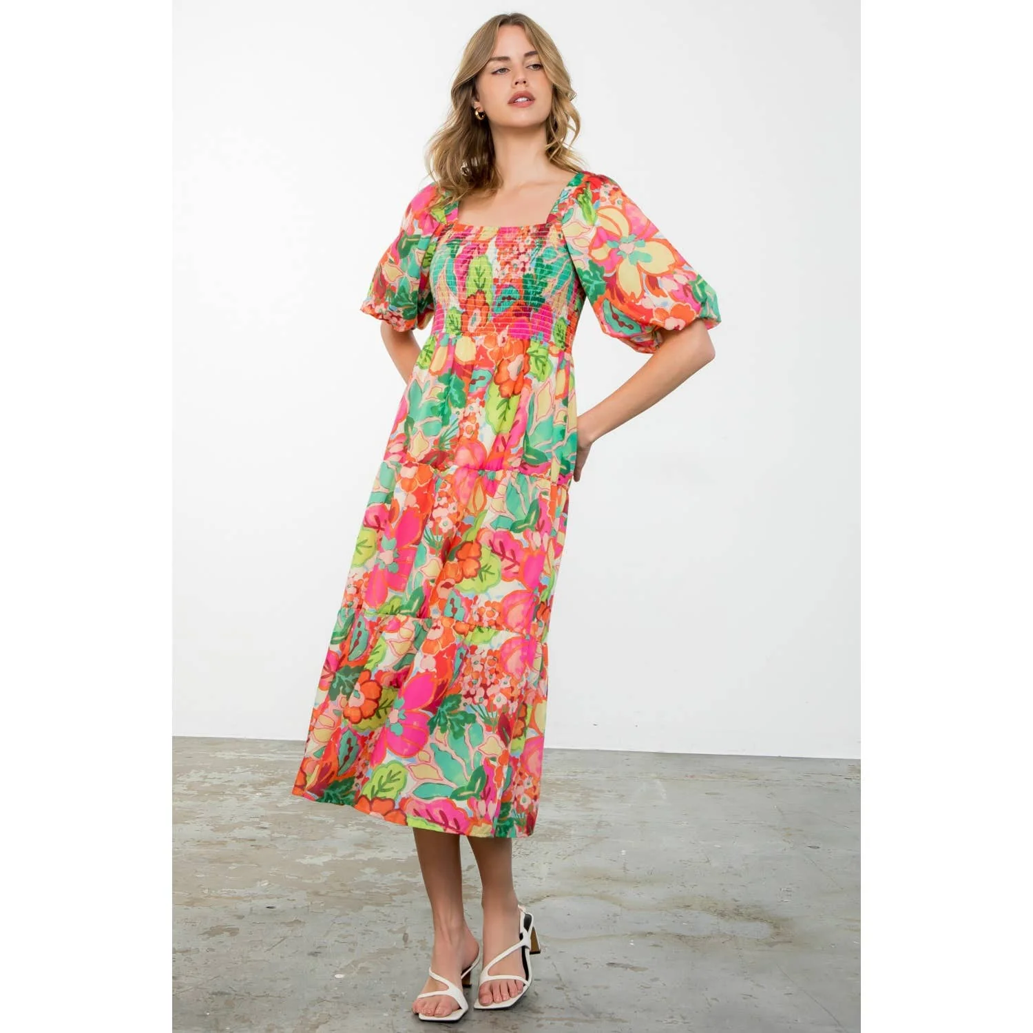 Massey - Puff Sleeve Floral Print Midi Dress - Image 6