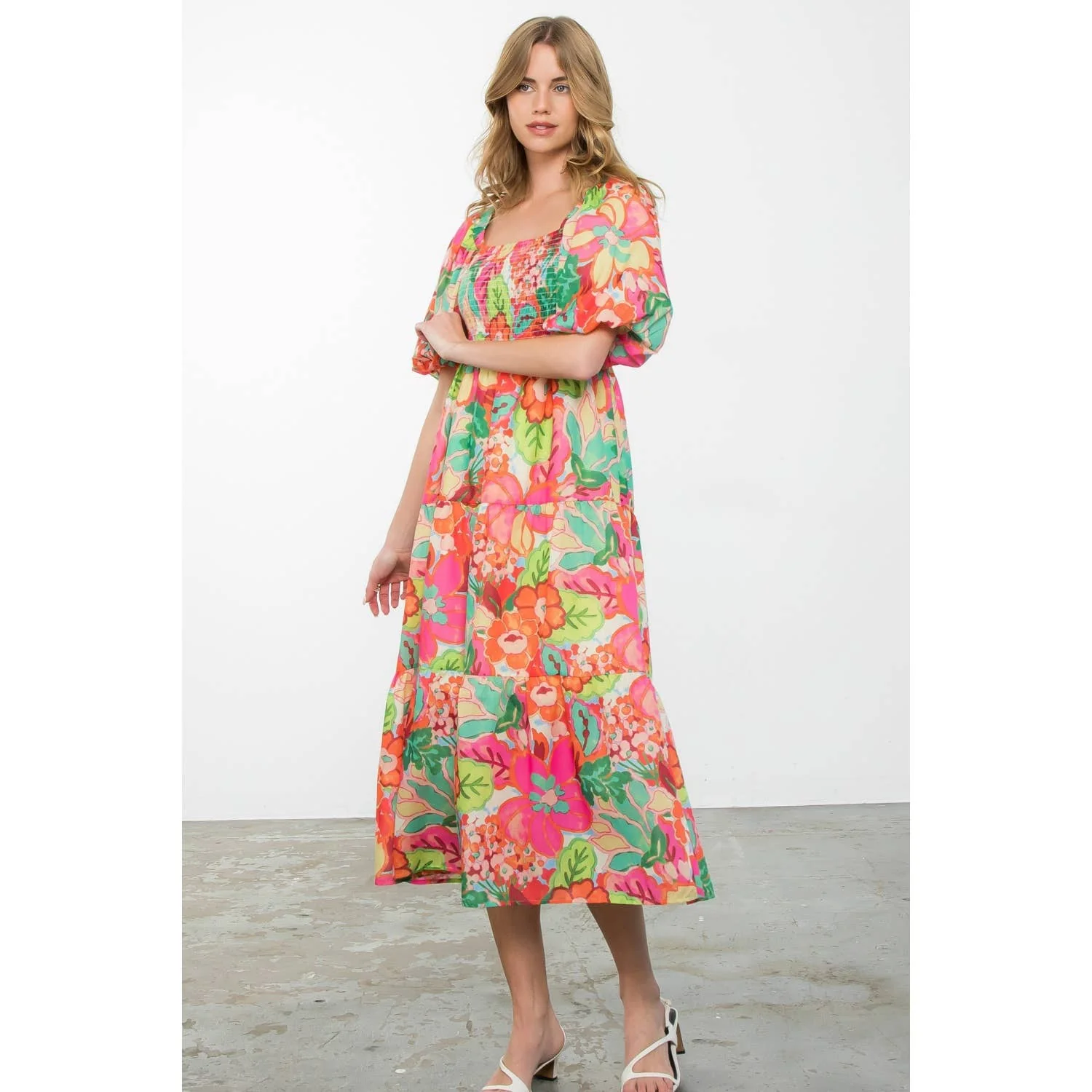 Massey - Puff Sleeve Floral Print Midi Dress - Image 7