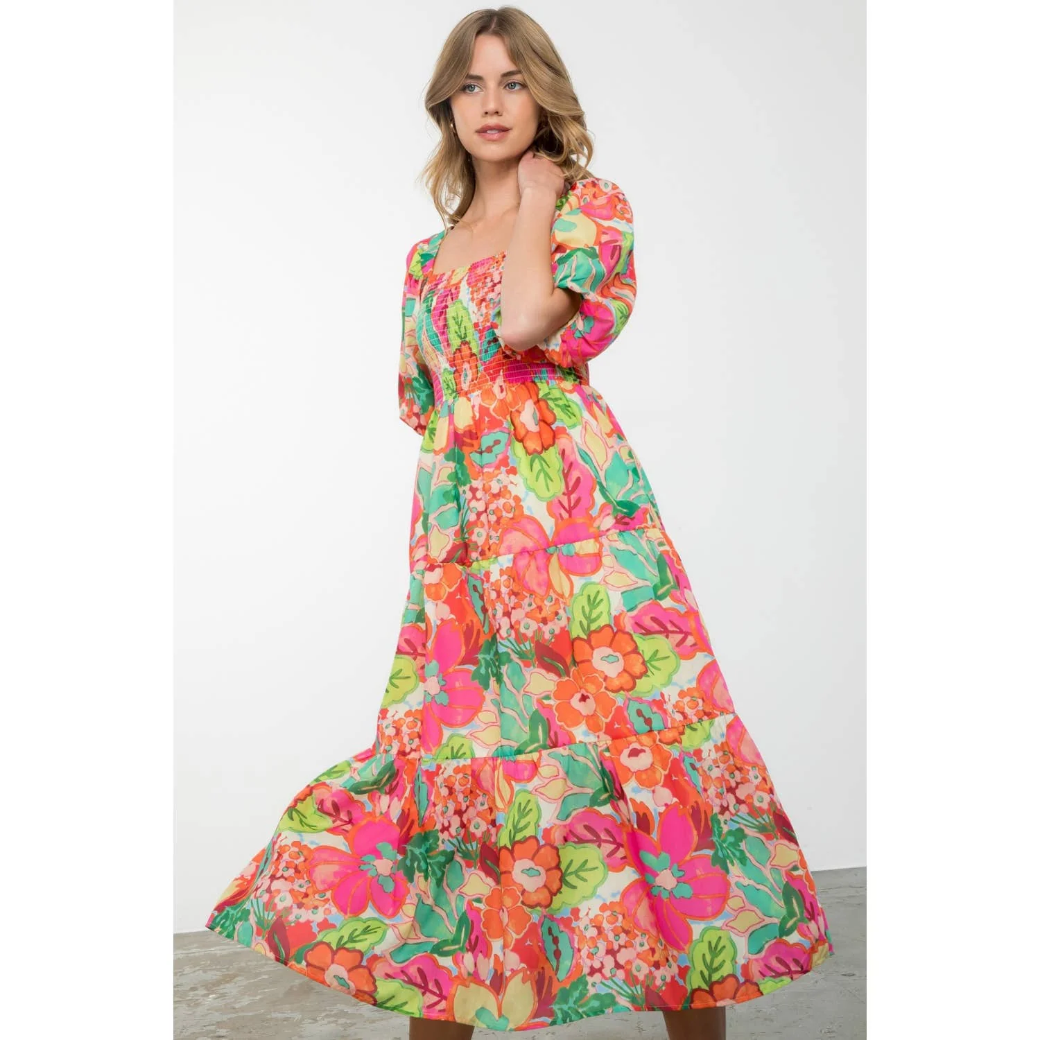Massey - Puff Sleeve Floral Print Midi Dress - Image 8