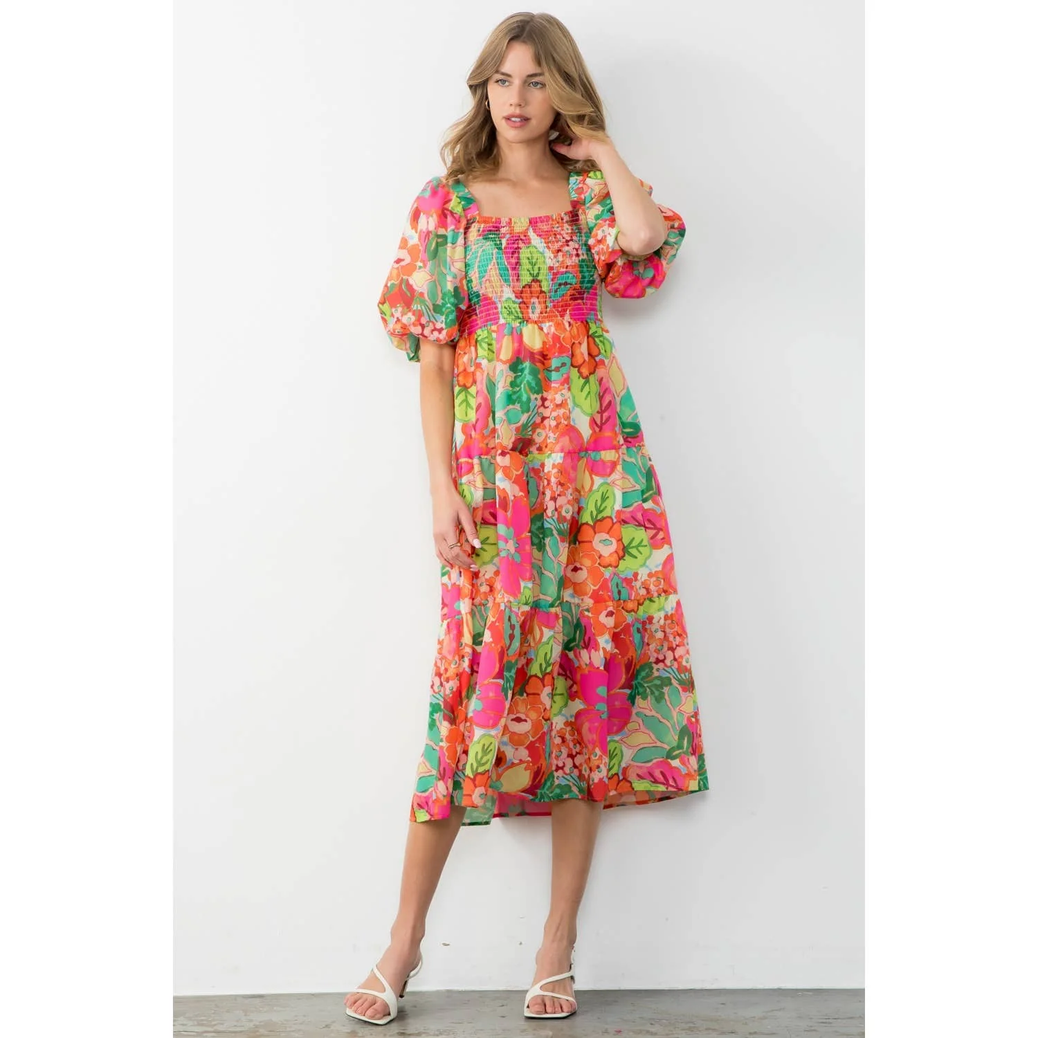 Massey - Puff Sleeve Floral Print Midi Dress - Image 9