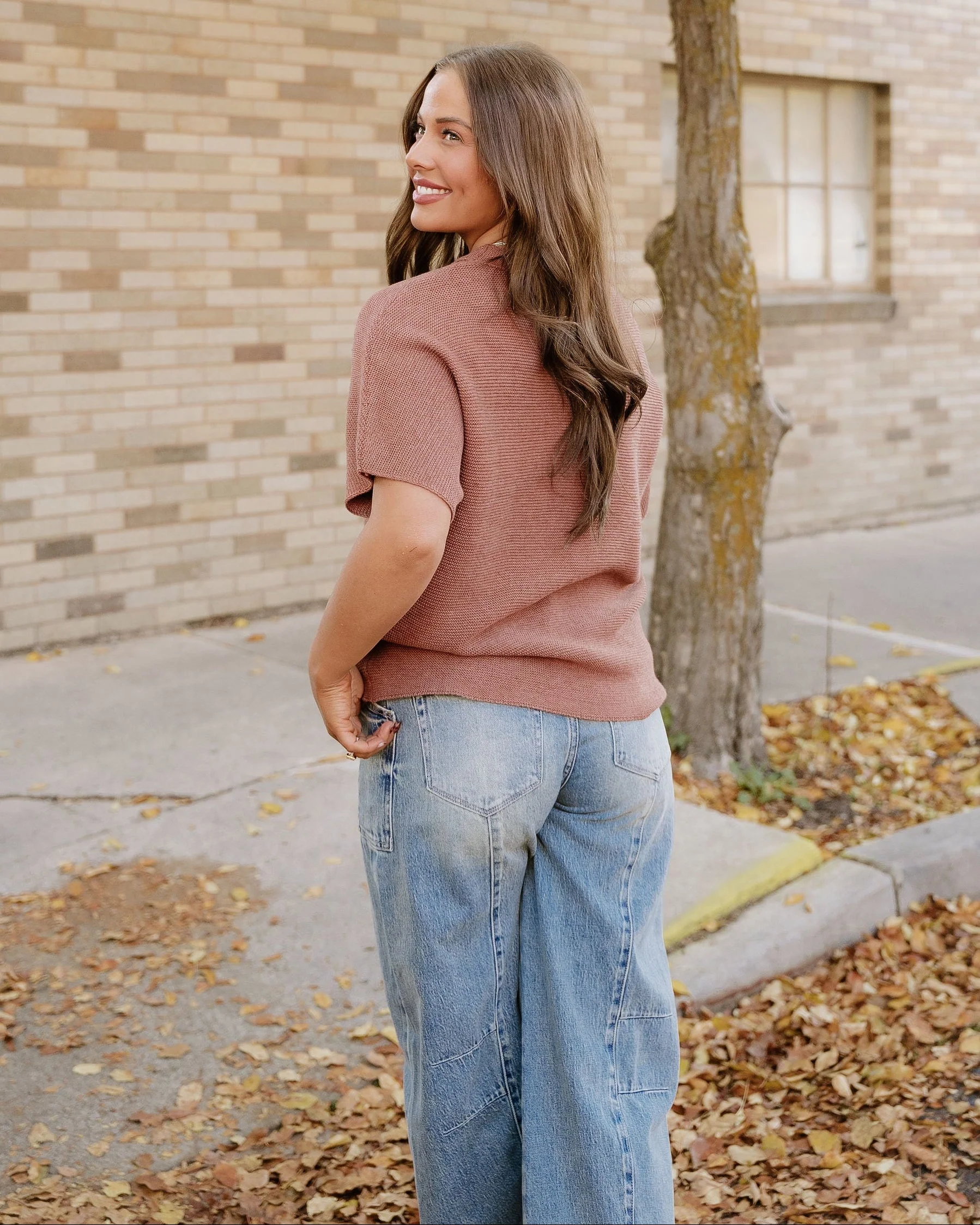 Maya Mock Neck Short Sleeve Sweater - Brown - Image 5