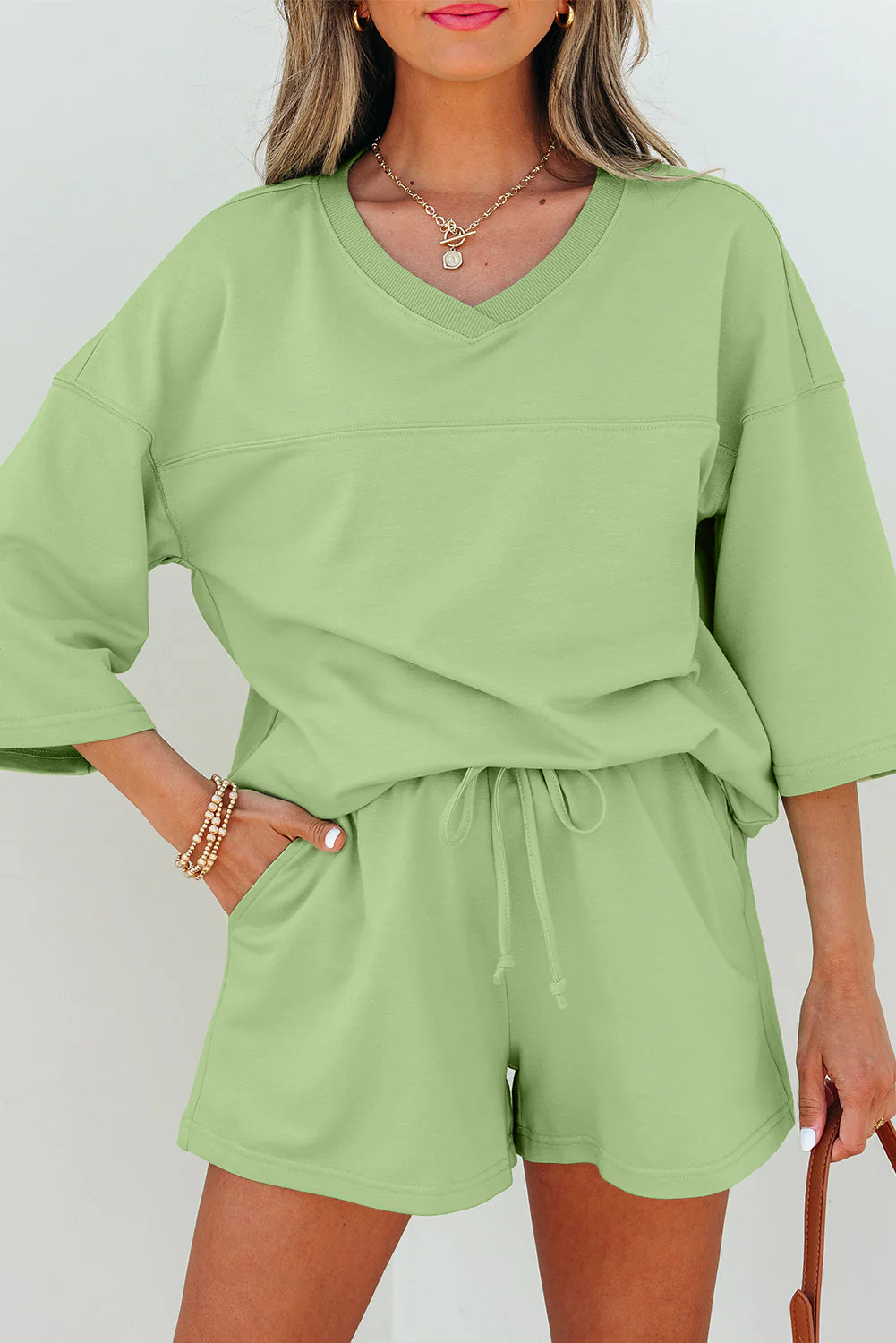 Meadow Mist Green Solid Loose V Neck Half Sleeve Tee and Shorts - Image 14