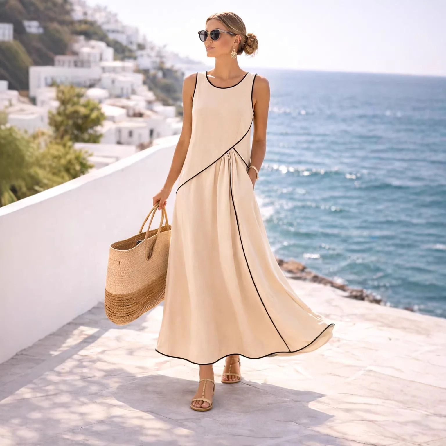 Mediterranean Contrast Color Vacation Dress – 7 Colors, S–3XL - Image 4