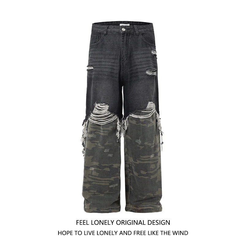 Men's American High Street Stitched Camouflage Wide Leg Jeans - Image 2