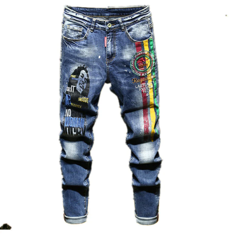 Men's Embroidered Printed Jeans Ripped Pants Slim-fit Straight Stretch Men's Pants - Image 4