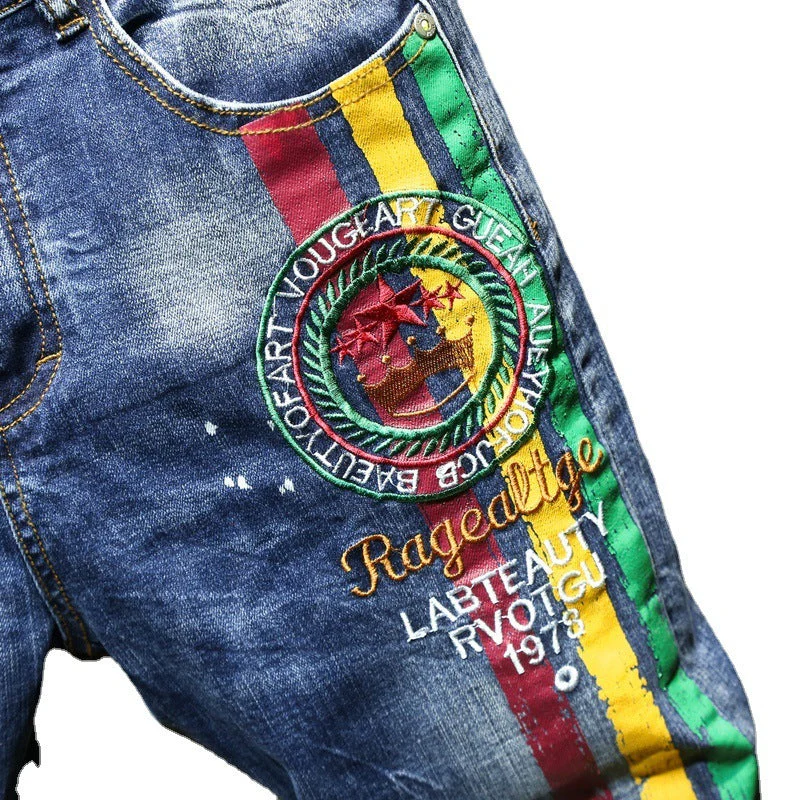 Men's Embroidered Printed Jeans Ripped Pants Slim-fit Straight Stretch Men's Pants - Image 5