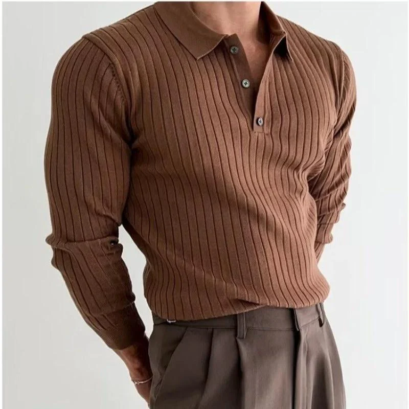 Men's Polo Shirt - Lapel Button Long Sleeve Slim Fit - Image 5