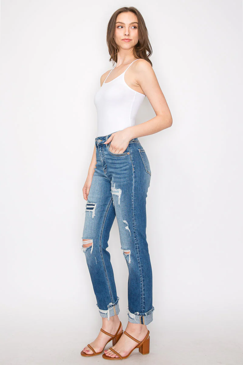 Mesh Tummy Control High Rise Straight With Single Cuff Jeans... - Image 6