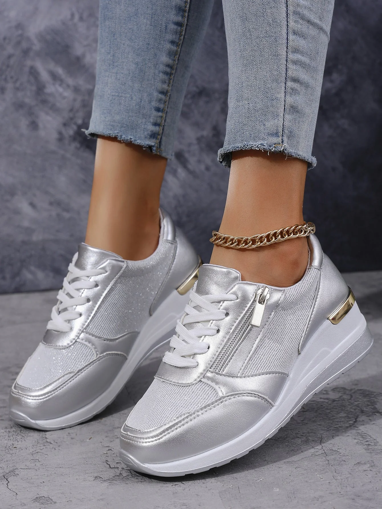 Metallic Lace-Up Side Zipper Thick-Sole Sneakers – 3 Colors EU 37–44 - Image 10