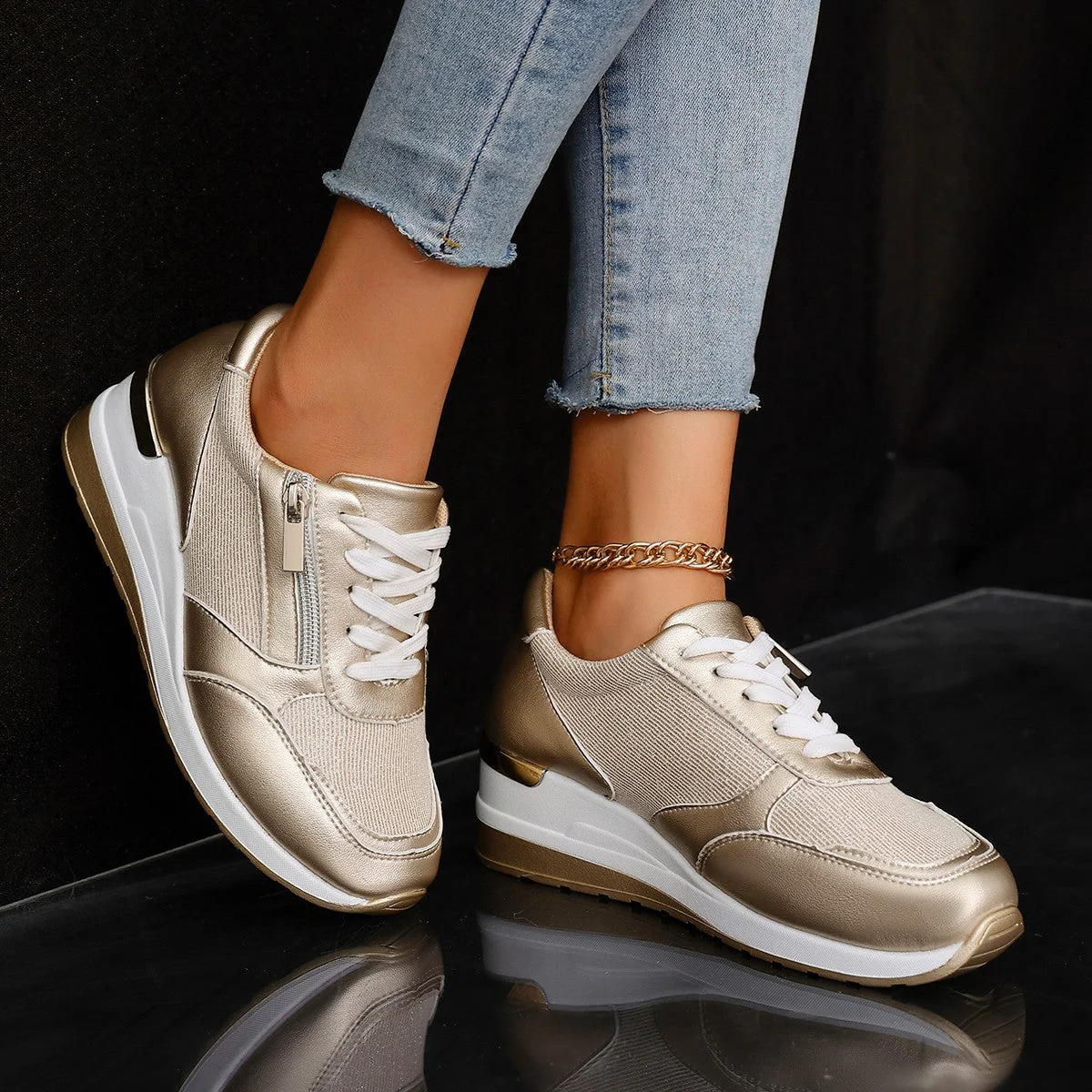 Metallic Lace-Up Side Zipper Thick-Sole Sneakers – 3 Colors EU 37–44 - Image 7