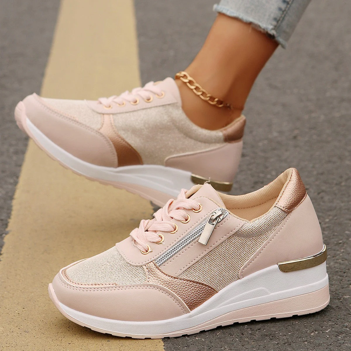 Metallic Lace-Up Side Zipper Thick-Sole Sneakers – 3 Colors EU 37–44 - Image 9