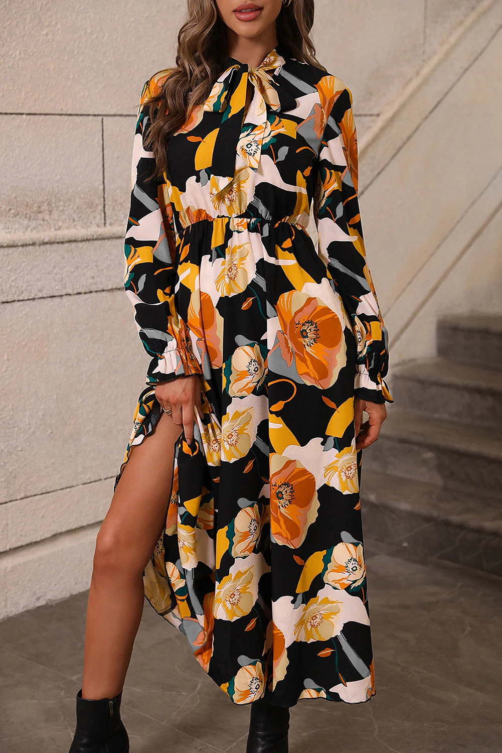 Mia-Orange Floral Print Tie Neck Long Sleeve Dress - Image 3
