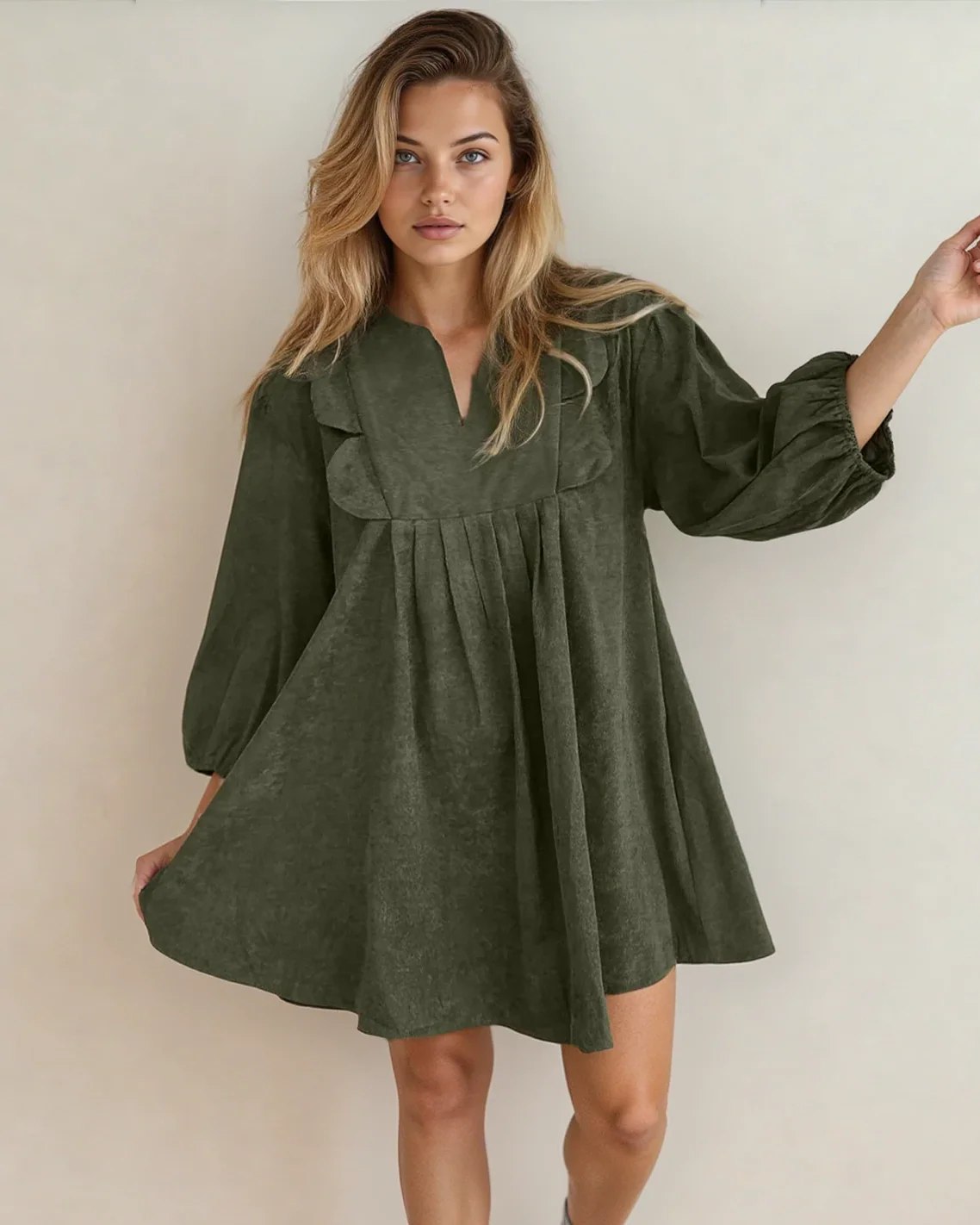 Micah Scallop Detail Pleated Corduroy Mini Dress - Green - Image 2