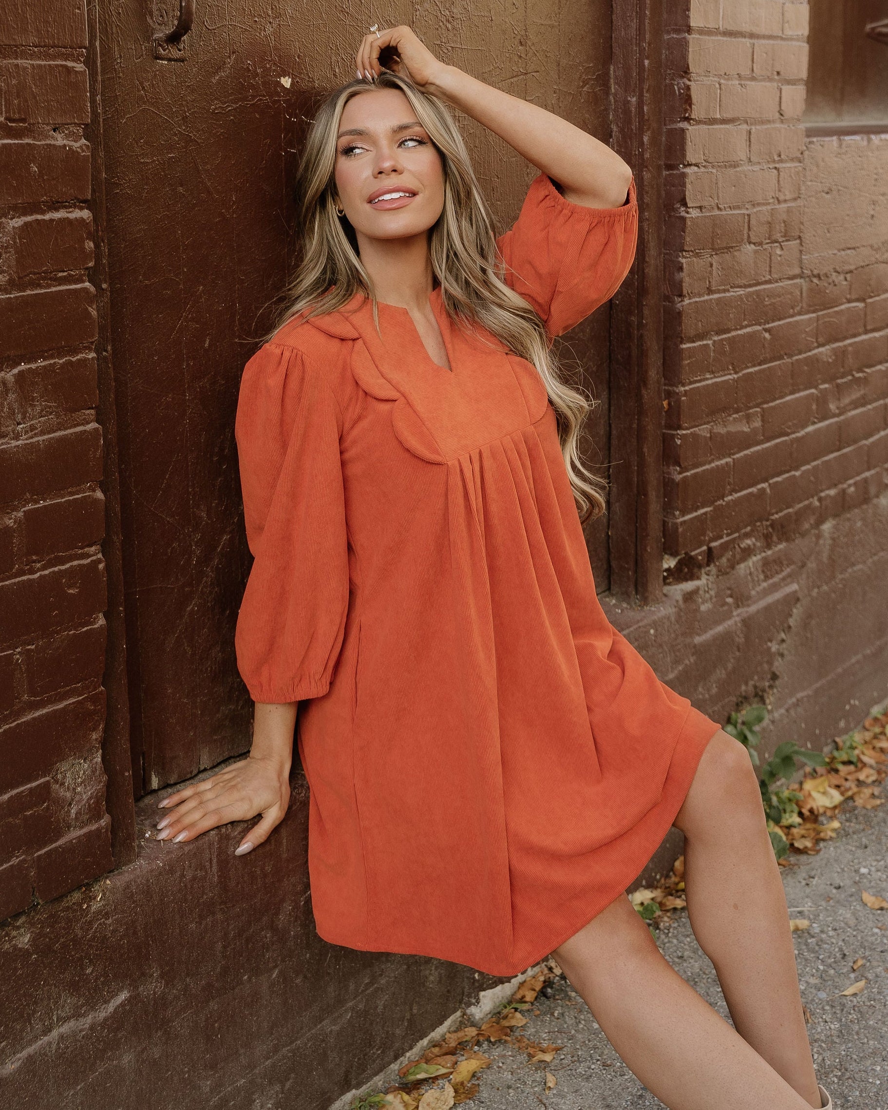 Micah Scallop Detail Pleated Corduroy Mini Dress - Orange - Image 4