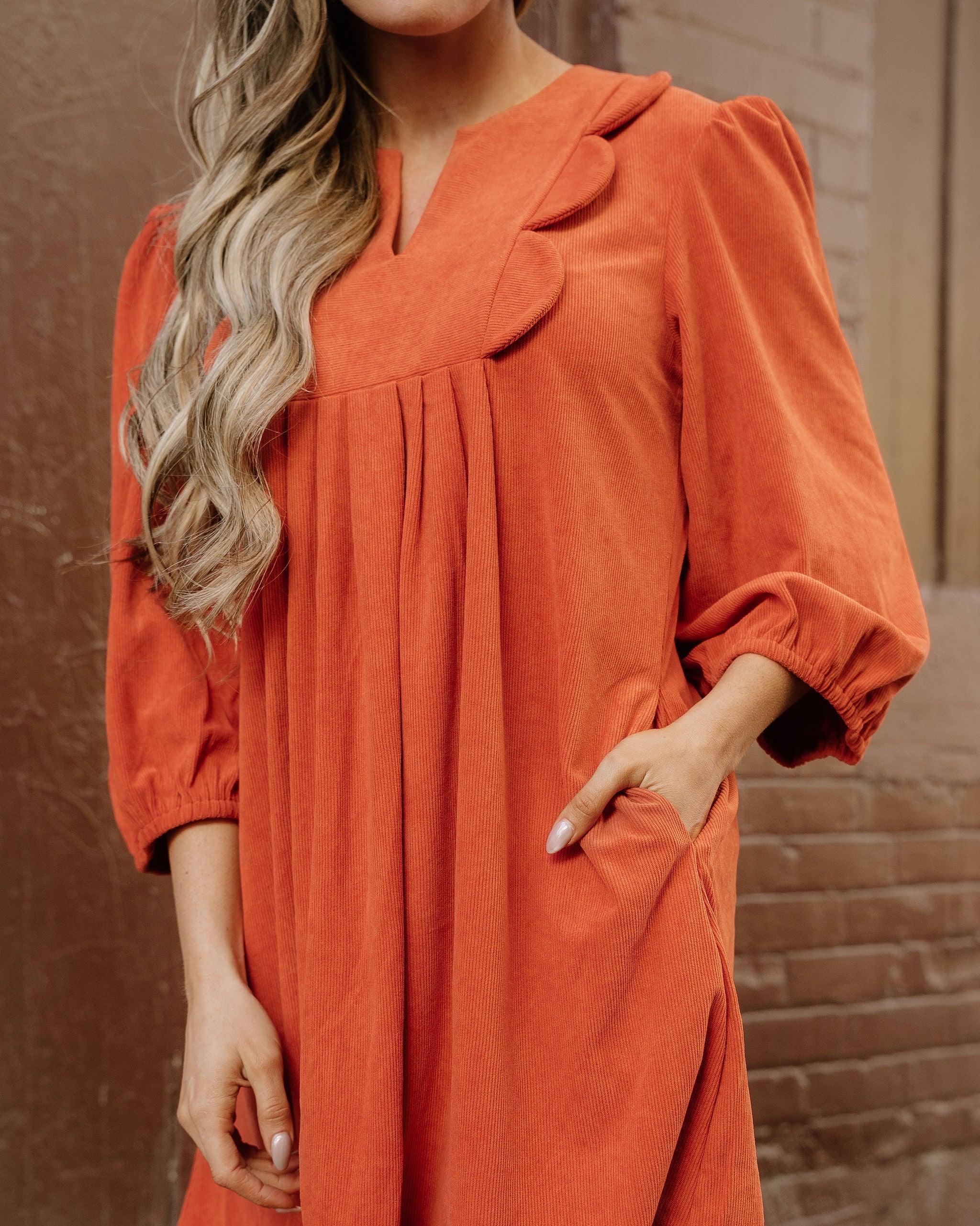 Micah Scallop Detail Pleated Corduroy Mini Dress - Orange - Image 5