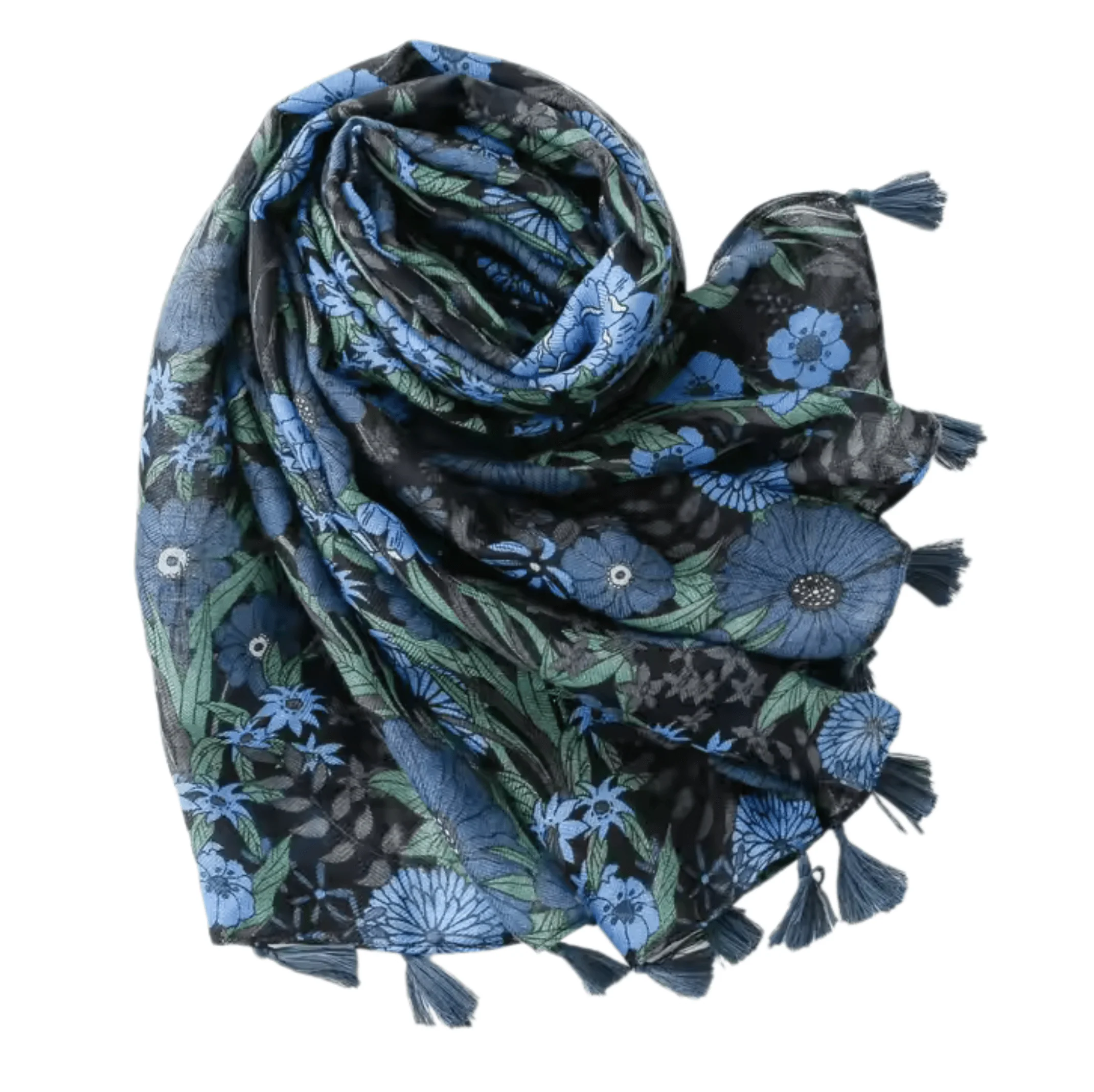 Midnight Bloom Floral Scarf with Tassel Accents - Image 2
