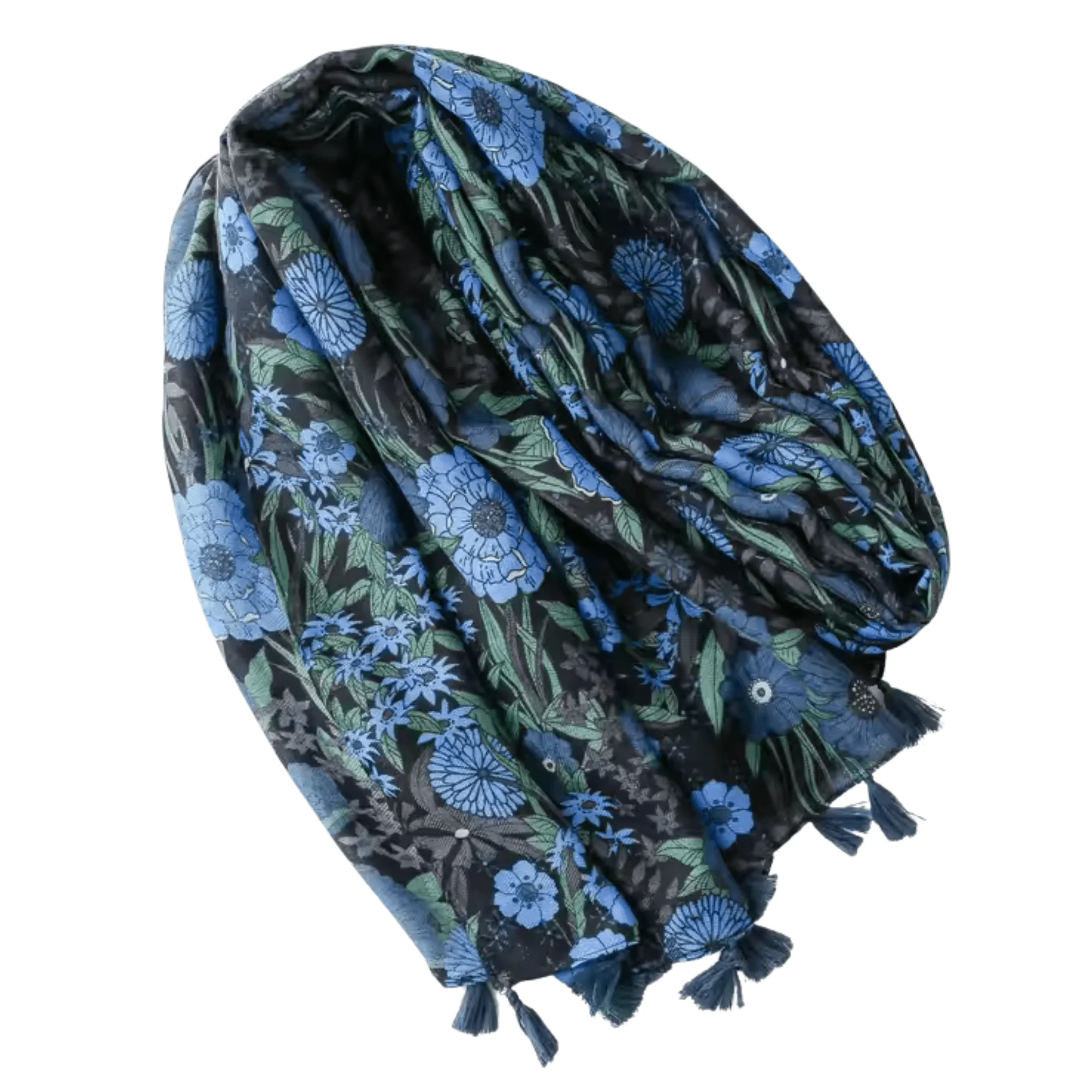 Midnight Bloom Floral Scarf with Tassel Accents - Image 3