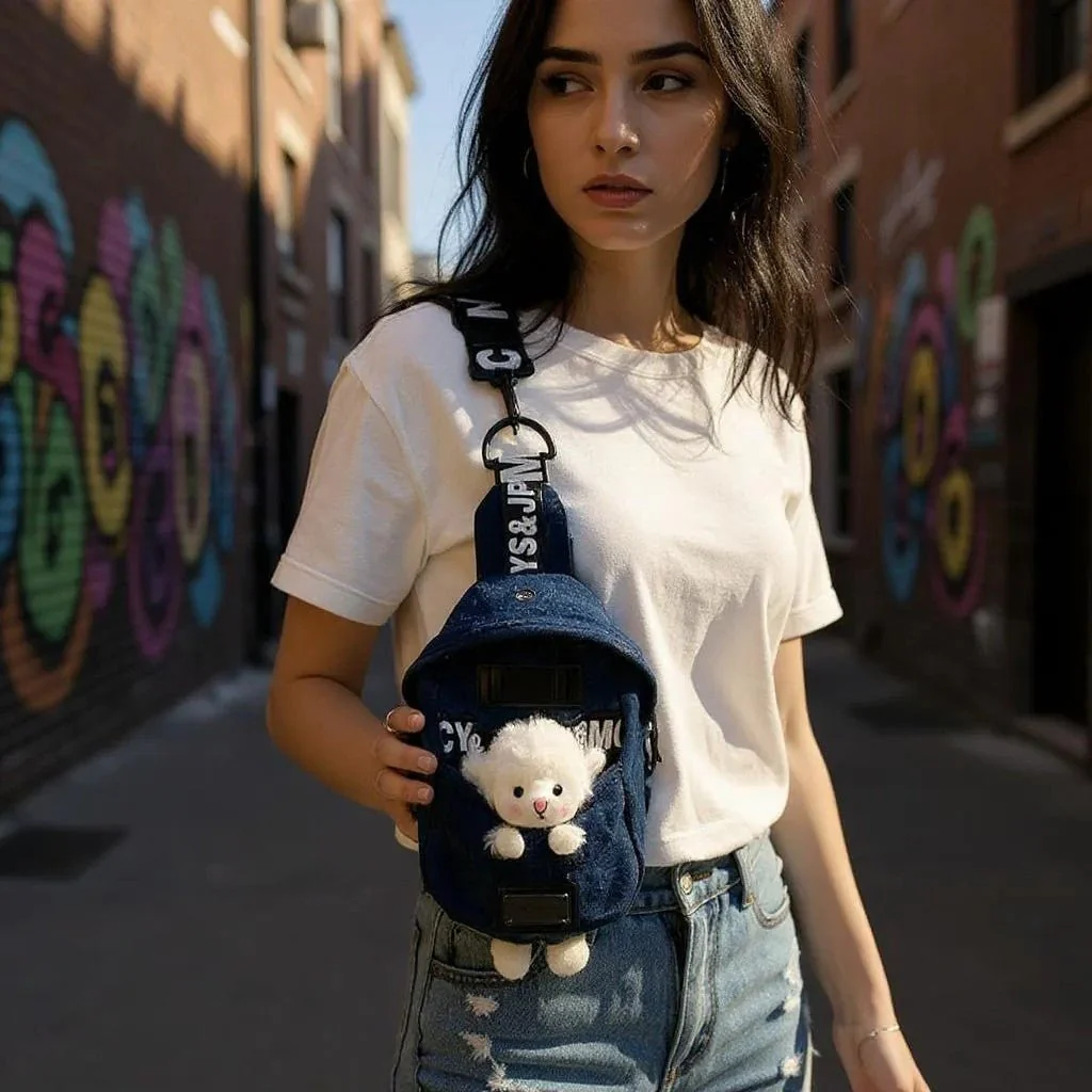 Mini Denim Crossbody Sling Bag with Animal Charm Adjustable Strap - Image 9