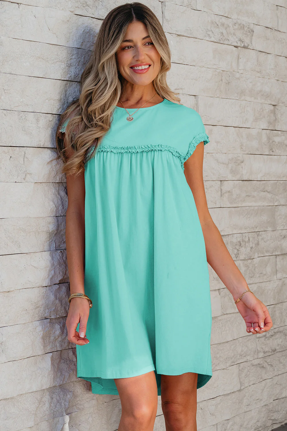 Mint Green Frilled Trim Crew Neck Loose Fit Mini Dress - Image 13