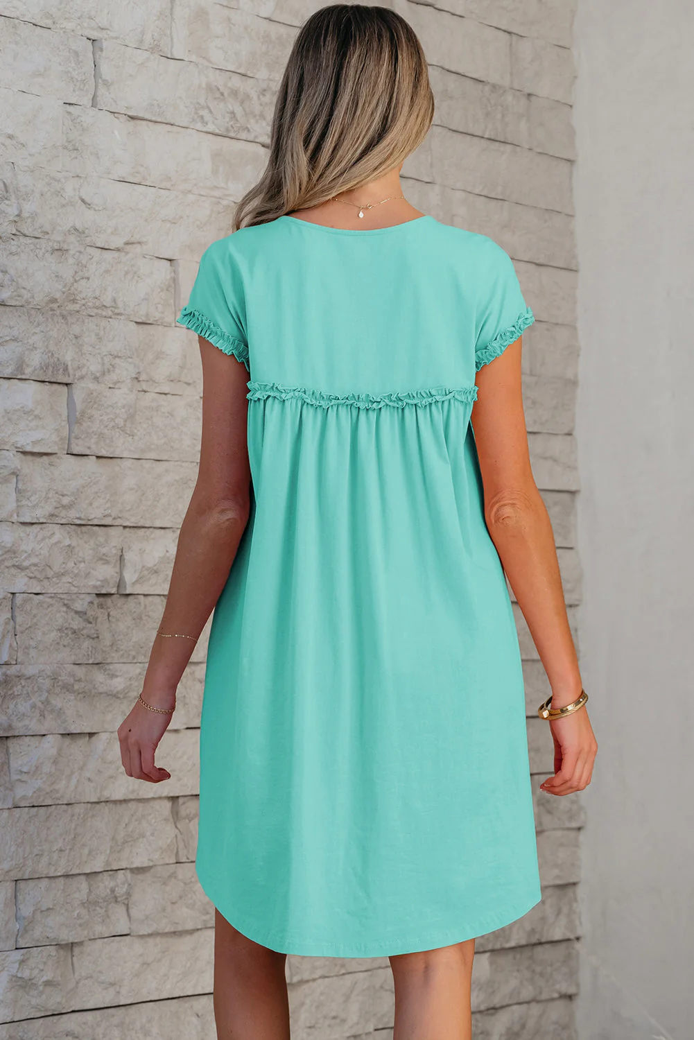Mint Green Frilled Trim Crew Neck Loose Fit Mini Dress - Image 14