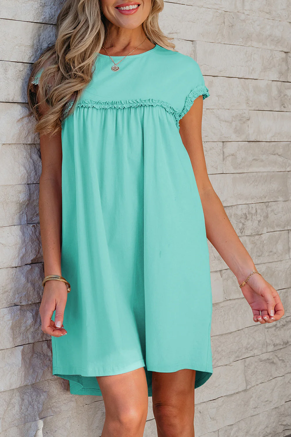 Mint Green Frilled Trim Crew Neck Loose Fit Mini Dress - Image 19