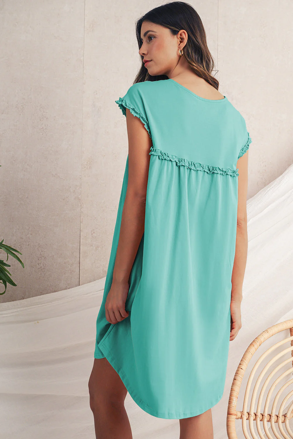 Mint Green Frilled Trim Crewneck Loose Fit Mini Dress - Image 2