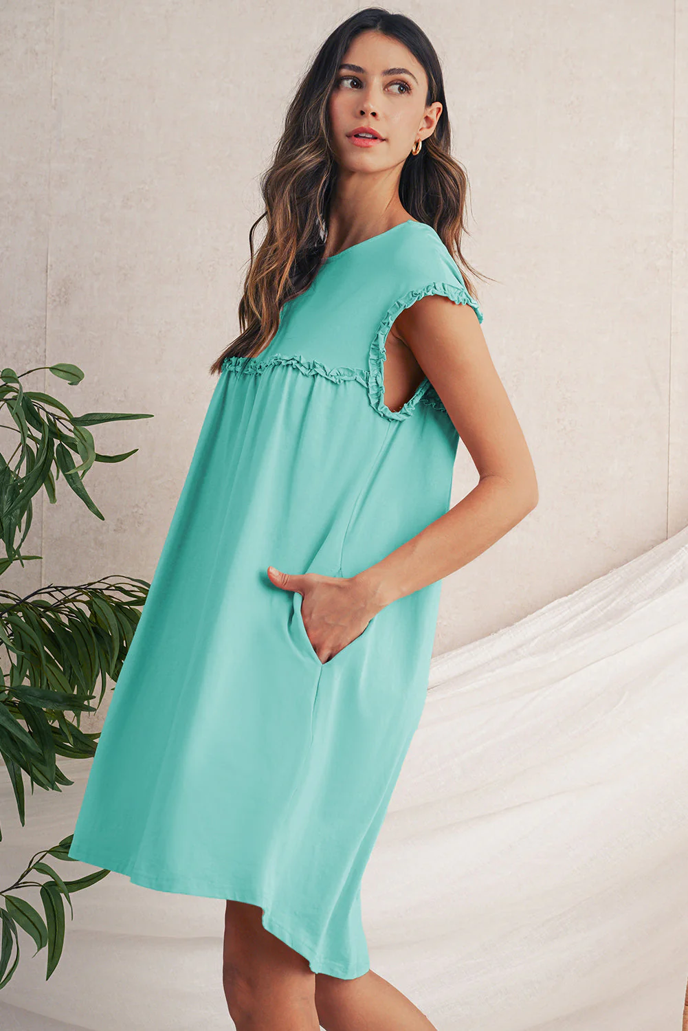 Mint Green Frilled Trim Crewneck Loose Fit Mini Dress - Image 3